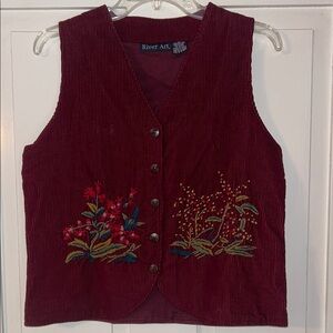 RIVER ART Women's Corduroy Vest Burgundy Large Embroidered Indie Granola Artsy